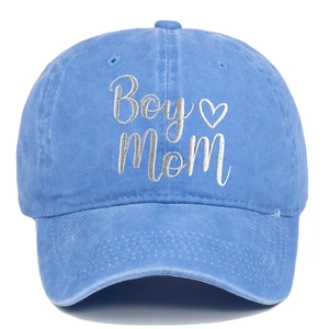 Detail of Boy Mom embroidery and heart motif on a navy blue washed cotton baseball cap