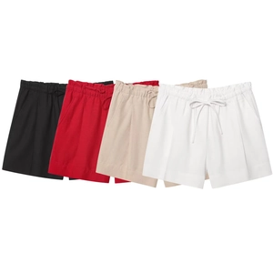 Women Linen Blend Shorts Drawstring Elastic Waist Casual Summer Beach Loose Fit With Pockets Solid Color