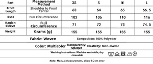 Tableau des tailles pour chemisier en mousseline à col en V, mesures du XS au L en cm