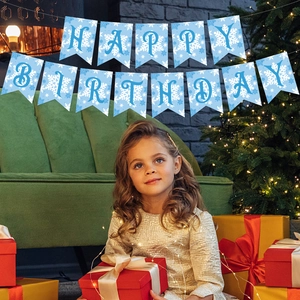 Winter snowflake Happy Birthday banner set with blue snowflake decorations and warm fairy lights