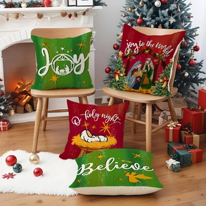 Set of four red and green Christmas linen pillow covers with festive nativity scene prints