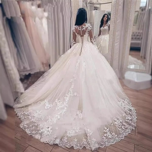 Elegant off-shoulder lace wedding dress with long sleeves and cathedral train gown