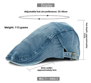 Detailed side view of washed blue denim ivy cap with adjustable metal buckle buckle strap