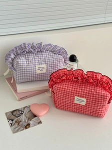 Quilted berry cotton makeup bags with cute lace trim and large storage capacity