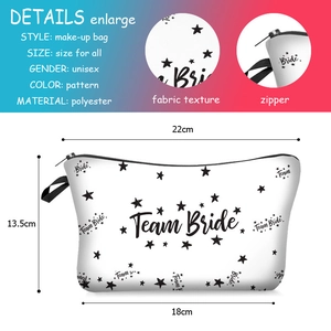 Detailed size chart for the Team Bride white makeup bag with dimensions and zipper macro view