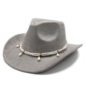 Detail of grey suede cowboy hat featuring elegant double-row pearl trim and beads