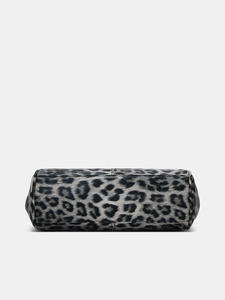 Detailed bottom view of grey leopard print handbag showing smooth leather texture