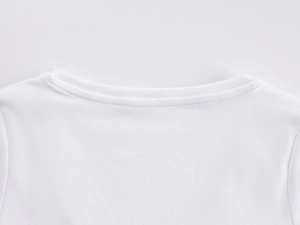 Detail shot of a white U-neck cotton knit T-shirt with premium double-needle stitching
