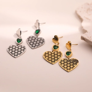 Heart Drop Earrings Titanium Steel Gold Plated Hollow Out With Green Gemstone Vintage Court Style For Women