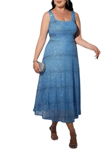 Robe longue grande taille à paillettes bleues sans manches avec col carré élégant