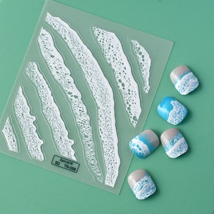 5D embossed ocean wave nail stickers with white relief texture for beach manicure