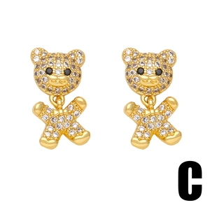 Cute gold teddy bear stud earrings with white zircon micro-pave crystals for women