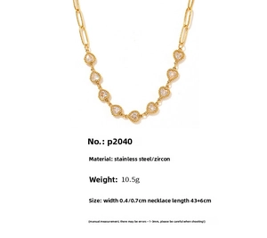 Detail specifications of golden heart zircon necklace with stainless steel paperclip chain