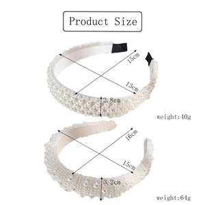 Detail view of Baroque style white pearl headbands with exact dimensions and weight specs