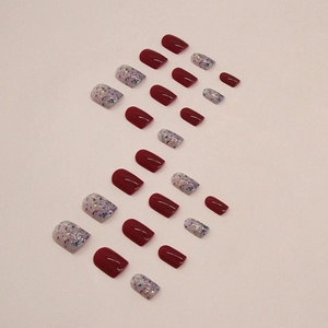 Elegant short square press-on nails in burgundy red and purple glitter finish