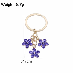 Detail view of a purple floral keychain with gold metallic rings and small charms