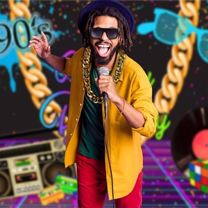 Vibrant 90s hip hop party look with chunky gold chain, sunglasses and graffiti background