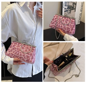 Pink sequin evening bag with rhinestone handle and chain strap in a three-pane view