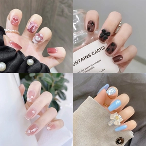Press On Nails Artificial False Fingernails Glossy French Style Bowknot Heart Rhinestone Decorative Manicure For Women