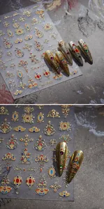 Baroque style nail stickers M-788 with gold-lined jewel patterns on a dark stone background