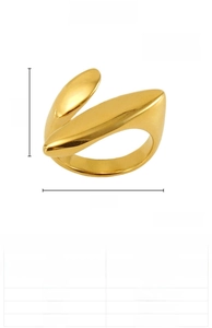 Macro view of abstract 18K gold-plated stainless steel ring with size measurements