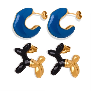Sweet balloon dog and blue C-shape enamel earrings in gold-plated stainless steel