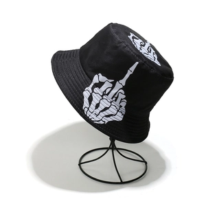 Black Halloween bucket hat with skeleton middle finger graphic for men hip-hop style.