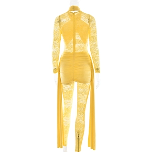 Back view of yellow lace bodysuit featuring invisible zipper and elegant flowy sheer skirts