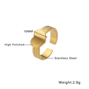 Polished 18k gold plated heart ring with 10mm width and adjustable opening detail