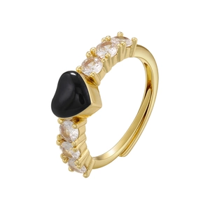 Adjustable golden open ring with black heart centerpiece and sparkling zircon accents