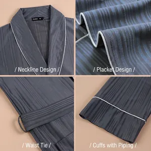Dark grey striped bathrobe with V-neck, waist tie and white trim sleeve details