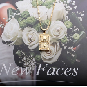 Golden sun and lightning pendant necklace with zircons against a floral background