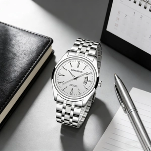 Macro shot of a silver steel watch with a white dial showing the calendar window