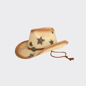 Western straw cowboy hat with brown stars and wide brim for summer beach sun protection