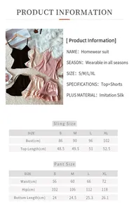 Size chart for women's silk camisole and shorts loungewear set in S M L XL sizes