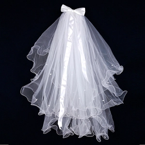 Double Layer Bridal Veil With Tulle Ribbon Bow Faux Artificial Pearl Wedding Hair Accessories Elegant Headpiece For Women Girls