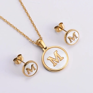 Minimalist 18k gold plated stainless steel necklace and M letter shell earrings set