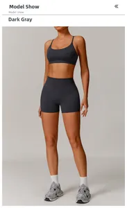 Detail of dark grey seamless high-waist shorts and sports bra for yoga and fitness