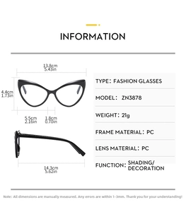 Detailed size specifications for cat-eye glasses frame with precise measurements