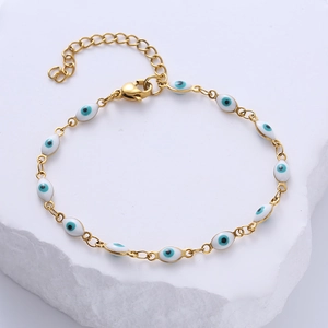 Golden stainless steel evil eye bracelet with colorful enamel charms and adjustable chain