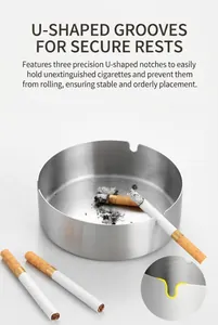 Detail of silver stainless steel ashtray showing 3 U-shaped cigarette slots and brushed finish