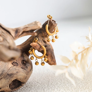 French style C-shaped golden titanium steel hoop earrings with hanging metal beads