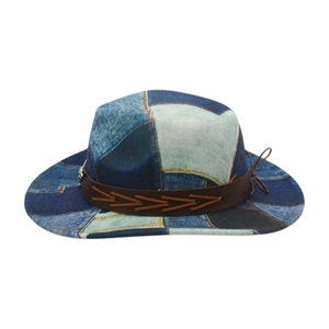 Classic patchwork denim cowboy hat with brown leather band and silver metal badge
