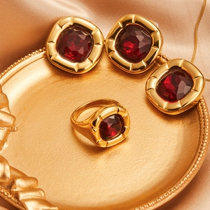 Detailed set of 18K gold plated jewelry with square red zircon pendants and matching ring