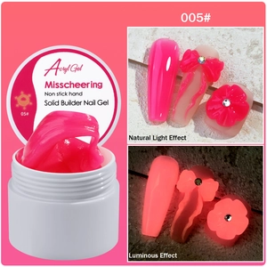 Luminous non-stick extension gel in rose pink showing natural and night glow effects
