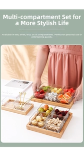 Close-up of Nordic clear glass snack bowls with premium bamboo wood serving tray