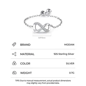 Adjustable 925 sterling silver infinity ring with micro-set diamonds and product specs