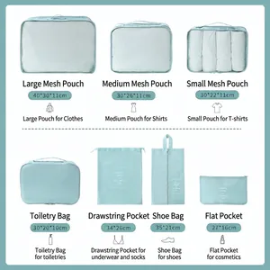 Set di 7 organizer da viaggio azzurro con borse in rete e tasche di varie dimensioni