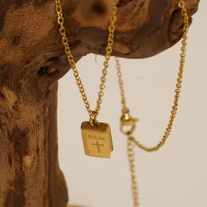 18K gold plated titanium steel Bible book pendant necklace with cross engraving on wood