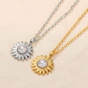 Sunflower Sun Pendant Necklace Stainless Steel With Round Artificial Pearl Elegant Fashion Jewelry For Women
